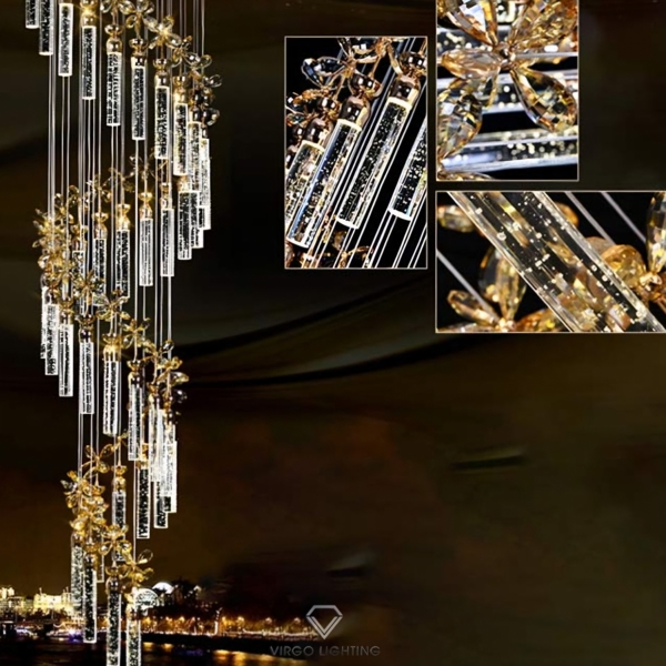 Đèn thông tầng dimmer thanh pha lê có hoa TH474.2 gồm 40 đèn 3 màu, mâm trắng gương 8K KT(mm): D1000xH2800